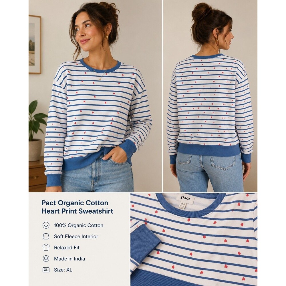 Pact Organic Cotton Heart Print Striped Sweatshirt XL Blue White Red Pullover - Picture 12 of 12